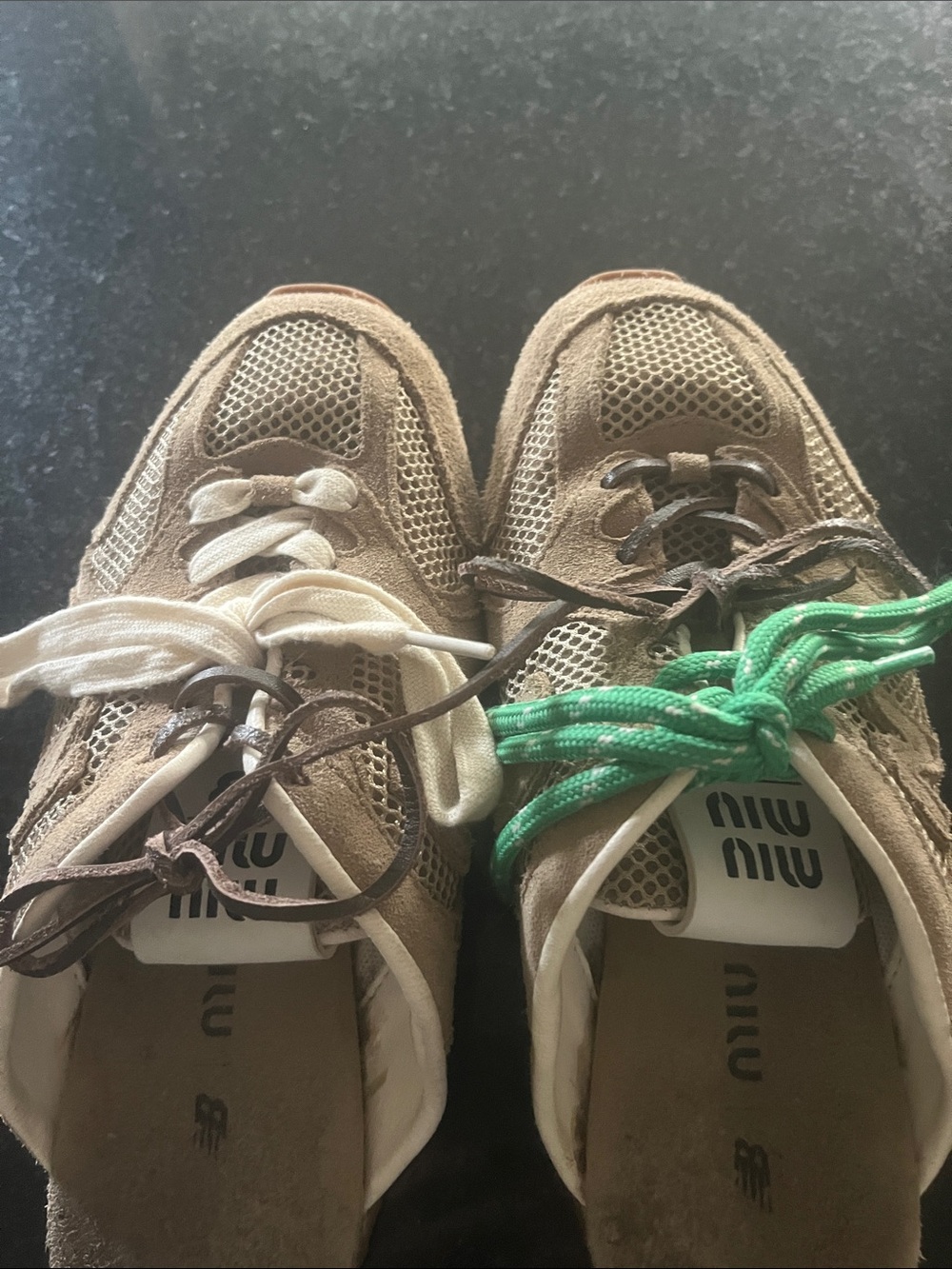 Miu Miu women Beige Mesh & Suede Sneakers with Green Accent Laces
